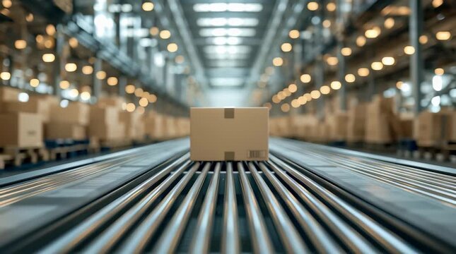 A cardboard box on a moving conveyor inside a modern logistics center. Online shopping, product delivery, and logistics.