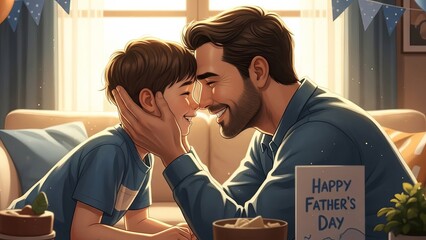 Father and son sharing a tender moment at home, Father's Day celebration