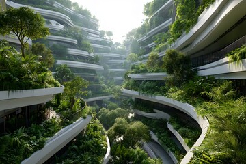 Naklejka premium Aerial view of futuristic green architecture displays curved white balconies overflowing with vertical gardens and trees in soft daylight.