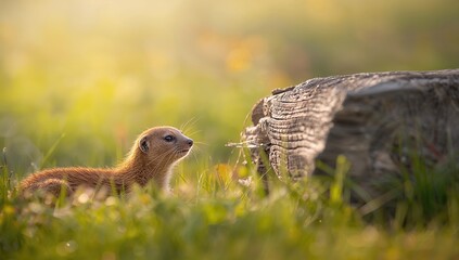 Small yellow mongoose alert and sniffing air close to a log, emphasizing vigilance during summer sunlight