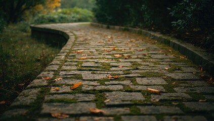 Worn pathway of interlocking paving stones with moss and scattered leaves, highlighting natural aging and surface degradation