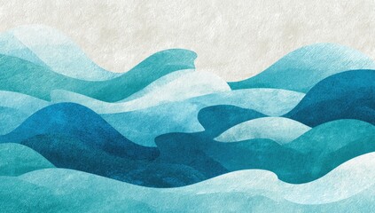 Watercolor depiction of layered waves in various shades of blue and turquoise, with a neutral backdrop