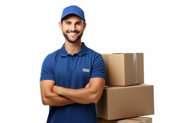 Smiling delivery man standing with packages, offering reliable shipping and customer service