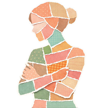 Woman hugging herself paper collage silhouette