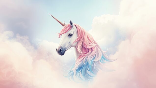 Watercolor unicorn painted in pink and blue hues on a bright backdrop, ideal for children's event themes
