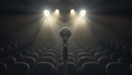 Stage setup with microphone and vacant seating, live event preparation, World Theatre Day