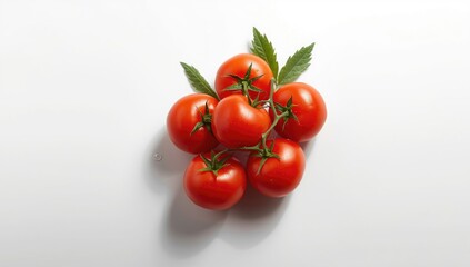 Cluster of ripe tomatoes on a plain white surface, suitable for culinary display or menu backgrounds