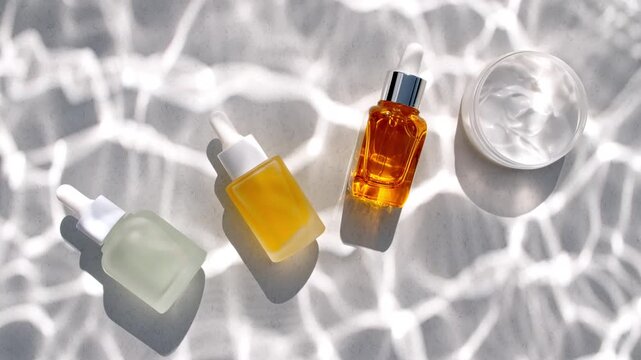 Bottle with for serum, oil, emulsion and reflections sunlight in slow motion. Drop shadow effect with wave refraction of light. Sun and shadows. Layout for advertising goods, cosmetic products. 4k