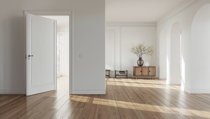 Open-door cabin interior with detailed decor, used as a layout for interior design or home improvement projects