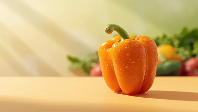 Orange bell pepper displayed in a supermarket setting, highlighting retail display organization