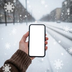 Hand holding a smartphone with a blank white screen in a snowy winter landscape