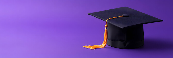 Graduation Cap with Gold Tassel on Purple Background