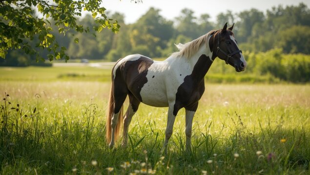 Paint horse in a meadow, suitable as a scenic background for farm or rural layouts