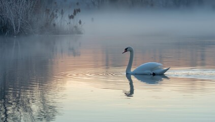 Fototapeta premium Mute Swan floating on a water surface during winter, highlighting natural aquatic habitat and seasonal change