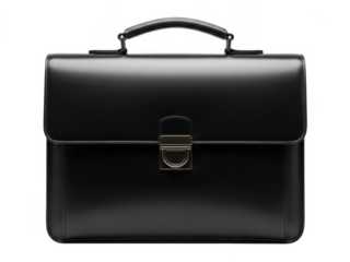 A polished black leather briefcase with a secure metal clasp and sturdy handle isolated on transparent background
