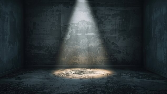Dim lighting casts shadows across a gritty, grunge-textured space with peeling walls, highlighting abandonment and decay, urban decay awareness