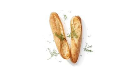 Slices of fresh baguette with dill set on a white background, ideal for bakery advertising or recipe layout, World Bread Day