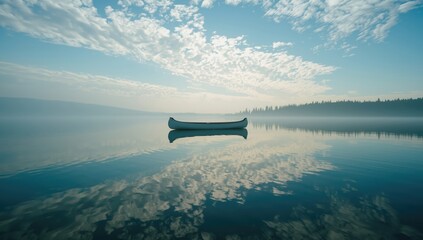 Canoe floating on calm northern lake at sunrise, highlighting tranquil water and sky reflections, World Environment Day