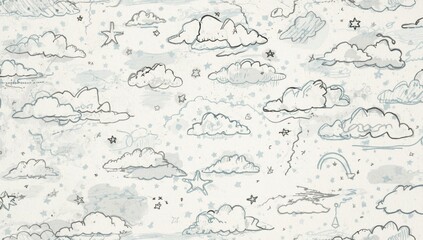 Illustrated repeating pattern of clouds and stars in grey and teal tones, ideal for UI backgrounds