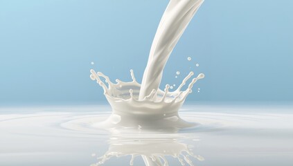 Flowing white dairy liquid with splatter effects on a blue background, designed for advertising low and skimmed fat milk products