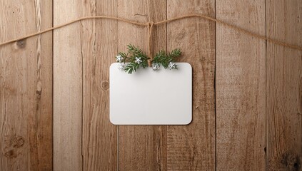 Empty Christmas card with festive decorations hanging on rope over wooden surface, holiday greeting setup