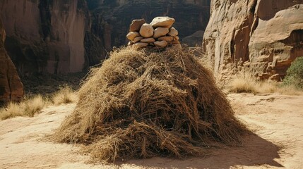 A large pile of dried sun bleached scrub vegetation and rocks in an arid desert landscape