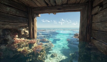 View through a weathered wooden frame, revealing ocean, coral, and a partly cloudy sky