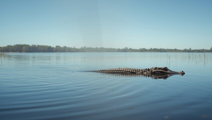 Crocodile moving into calm lake waters, highlighting wildlife adaptation and aquatic environment stability