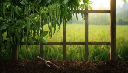 Leguminous plant vine extending along support structures, used in sustainable farming practices