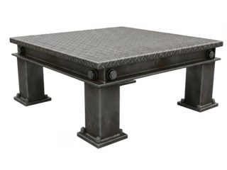 A robust industrial metal table with a textured top and four sturdy legs isolated on transparent background