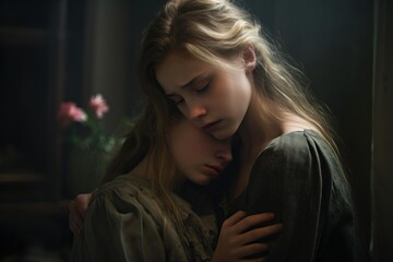 Fototapeta premium Young women comforting each other, experiencing loss and emotional support