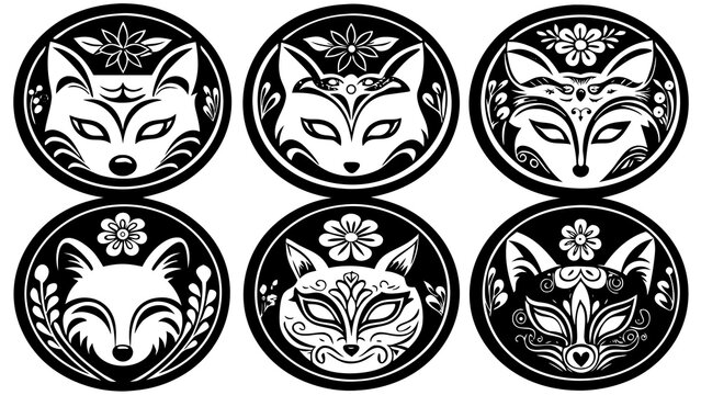 Decorative Fox Masks with Floral Elements in Black and White