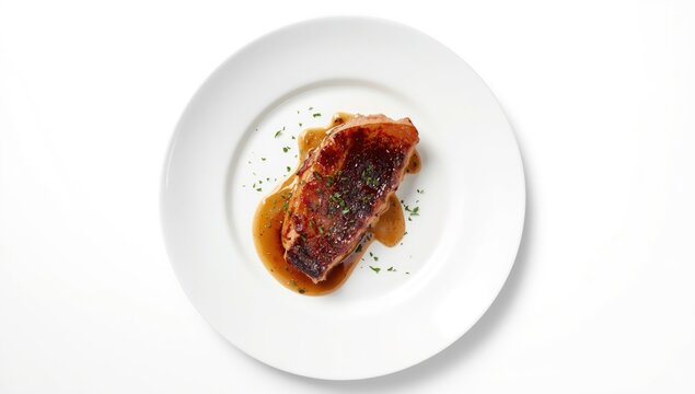 Duck breast slice on plain white surface, aimed at showcasing cooking techniques and meat quality