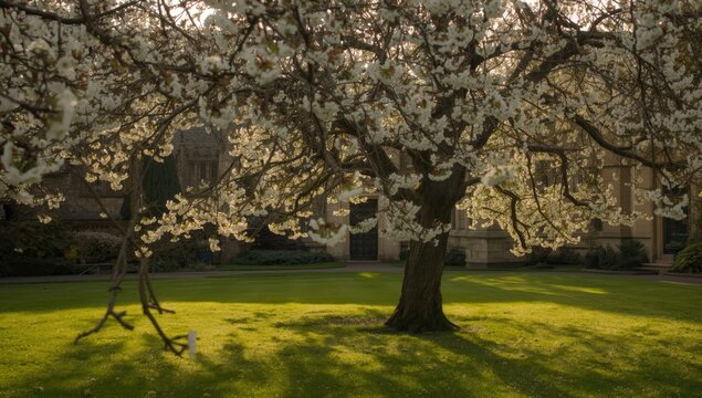 Old apple tree near a university lodge, emphasizing conservation efforts