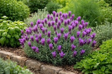 Naklejka premium Lavandula stoechas showing lush flowering on herb garden bed