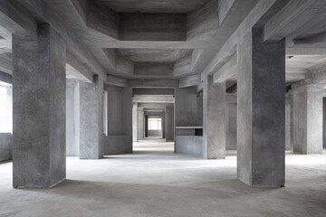 Fototapeta premium Raw architectural interior under construction with concrete columns and beams creating spacious industrial atmosphere filled with natural light and unfinished surfaces