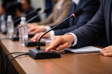 Microphone switches being pressed during a press conference panel