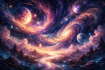 Obraz premium Surreal fantasy wallpaper with swirling cosmic skies and abstract planetary shapes