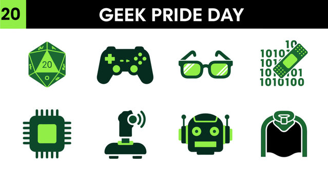 Graphic celebrating Geek Pride Day with eight green icons representing hobbies and tech