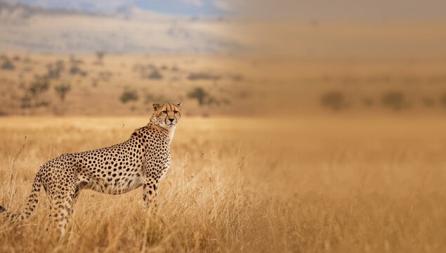 Wild cheetah lying in dry grass, highlighting habitat preservation