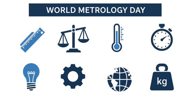 Graphic displaying World Metrology Day icons representing measurements like length mass and time