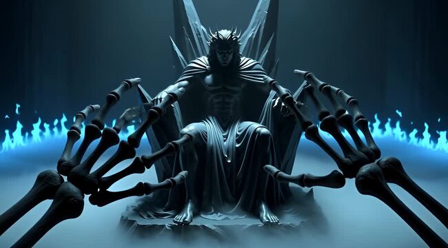Powerful Dark Lord Hades Sitting on Underworld Throne with Blue Flames
