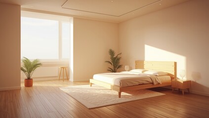 Modern apartment bedroom with simple wooden bed and neutral furnishings, emphasizing uncluttered and aesthetic space, interior photography