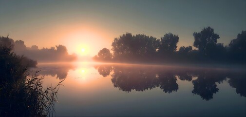 Peaceful sunrise over misty lake with soft reflections trees and calm water creating tranquil natural landscape and meditative atmosphere