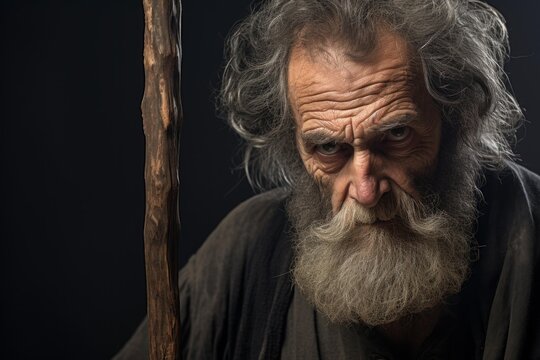 Wise old man with long beard and gray hair holding a wooden staff