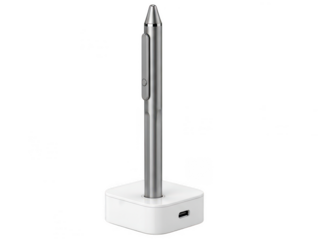 Sleek digital stylus with charging dock isolated on transparent background