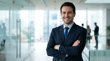 Fototapeta premium Portrait of a confident businessman in a suit, smiling with arms crossed, standing in a modern office hallway