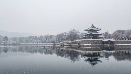 Fototapeta premium Snowy Jiangnan architecture with frost-laden trees, winter scenery, seasonal change