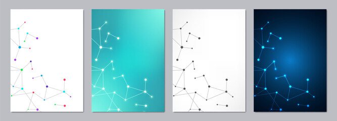 Vector template for brochure or cover with molecular structure background and connected lines and dots. Medicine, science and digital technology concept
