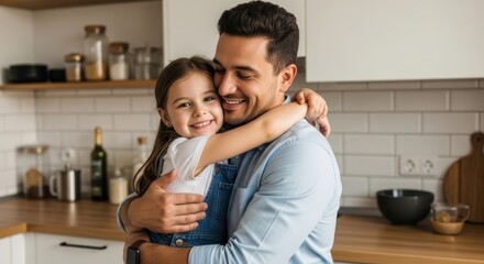 Happy father and daughter hugging warmly in a modern kitchen